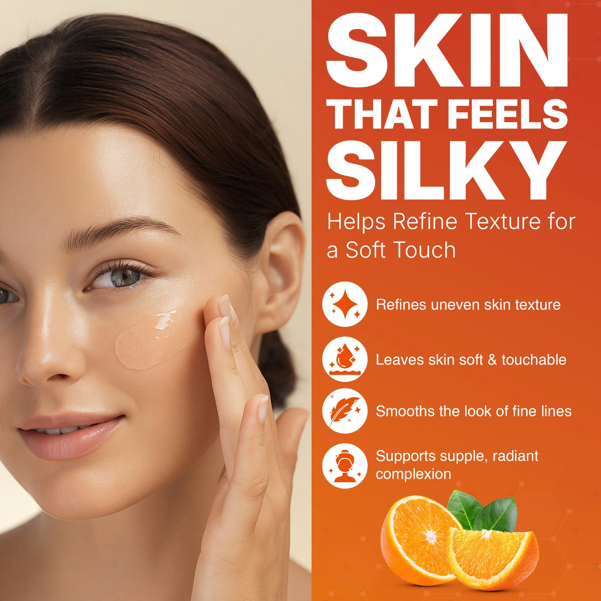 Woman applying glowmedik serum to her face with an orange background and text about skin care benefits.