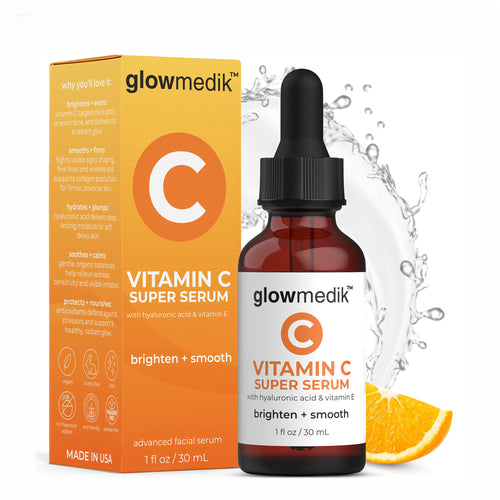 Glowmedik Vitamin C Super Serum bottle and packaging with an orange slice on a white background