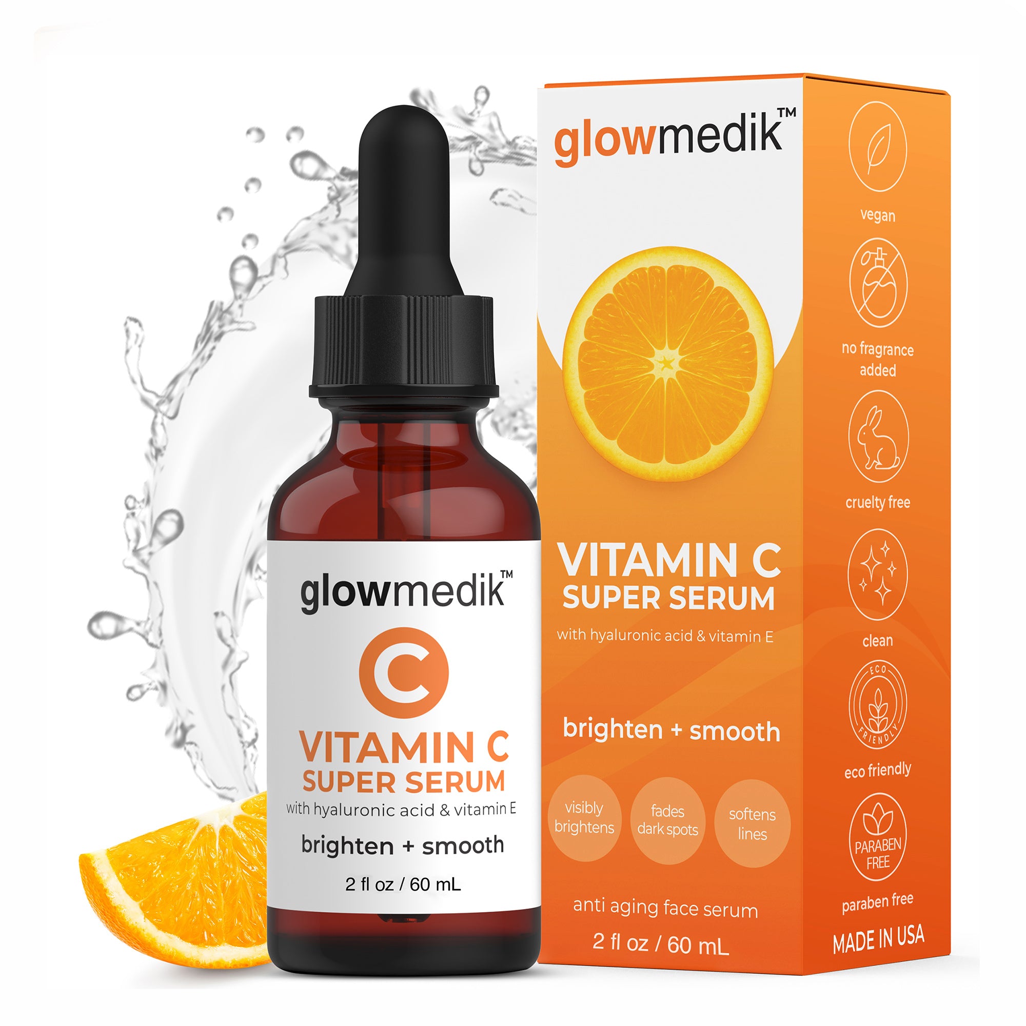 Glowmedik Vitamin C Super Serum bottle and packaging with oranges on a white background