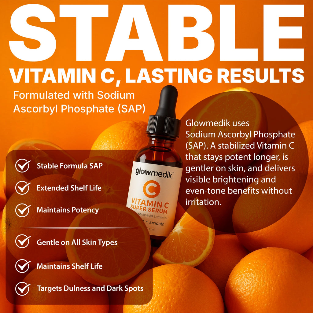 Glowmedik Vitamin C serum bottle with oranges on an orange background, highlighting stable vitamin C and lasting results.