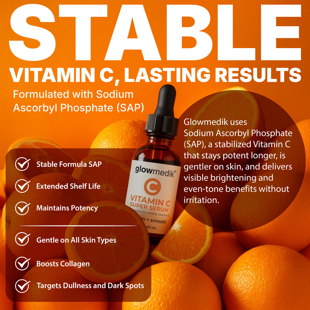 Glowmedik Vitamin C serum bottle with oranges on an orange background, highlighting stable vitamin C and lasting results.