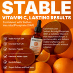 Glowmedik Vitamin C serum bottle with oranges on an orange background, highlighting stable vitamin C and lasting results.