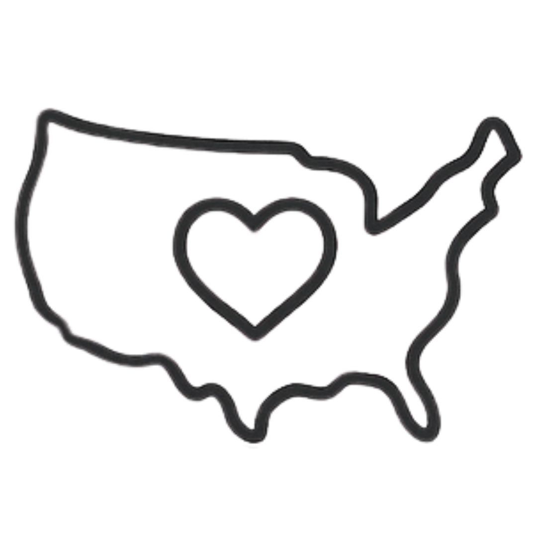 Outline of the United States with a heart in the center on a white background